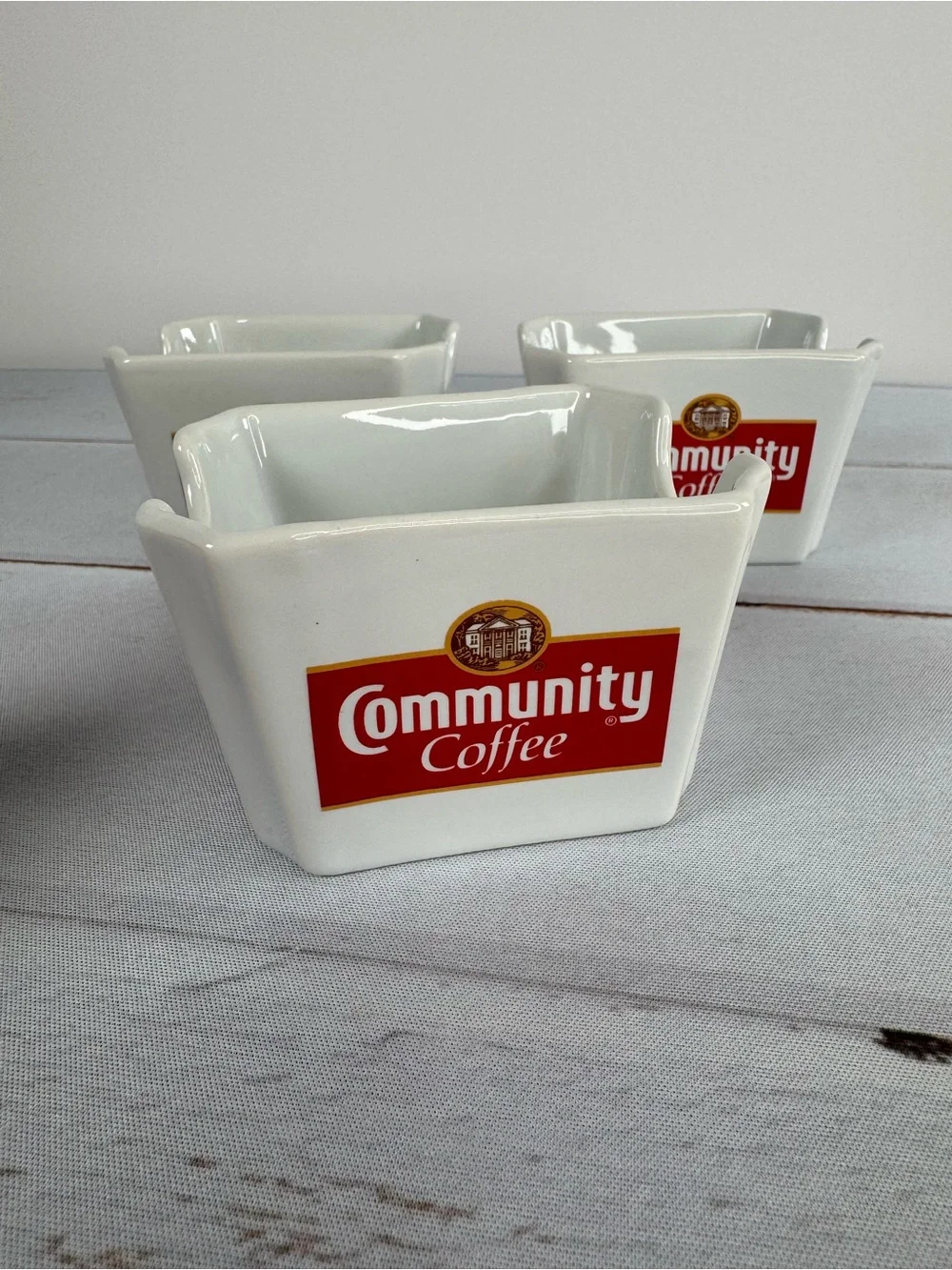 Vintage Community Coffee Ceramic Sugar Packet Caddy Set of 3 Advertising